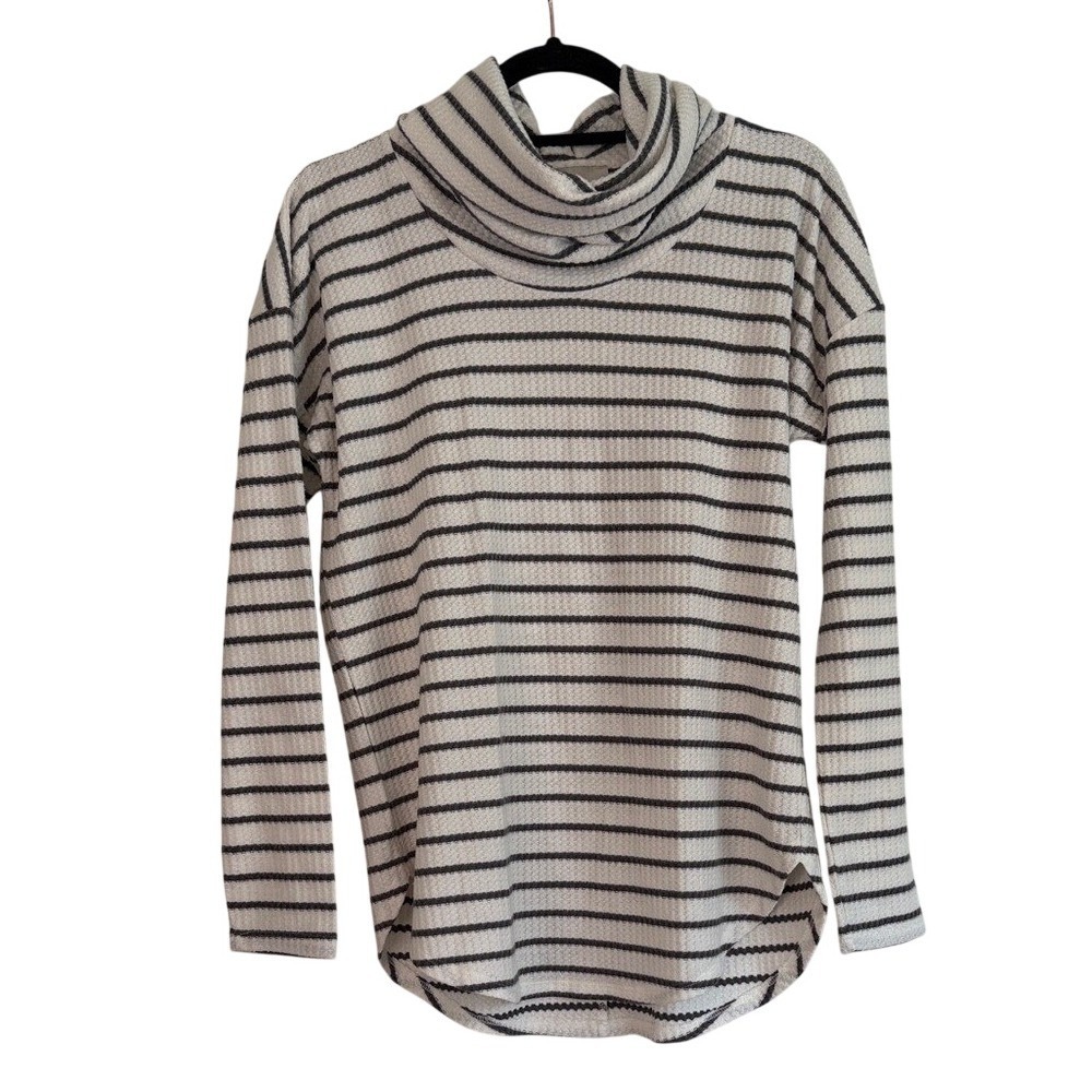 Loft Womens Waffle Knit Striped Cowl Neck Long Sleeve‎ Top White Grey Size S